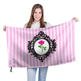 Флаг 3D с принтом Роза в рамке в Тюмени, 100% полиэстер | плотность ткани — 95 г/м2, размер — 67 х 109 см. Принт наносится с одной стороны | классика | полоска | рамка | роза | розовый | черный