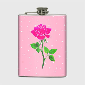 Фляга с принтом Роза на розовом в Тюмени, металлический корпус | емкость 0,22 л, размер 125 х 94 мм. Виниловая наклейка запечатывается полностью | женственно | красота | роза | розовый | снежинки | фуксия | цветок | шик