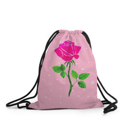 Рюкзак-мешок 3D с принтом Роза на розовом в Тюмени, 100% полиэстер | плотность ткани — 200 г/м2, размер — 35 х 45 см; лямки — толстые шнурки, застежка на шнуровке, без карманов и подкладки | Тематика изображения на принте: женственно | красота | роза | розовый | снежинки | фуксия | цветок | шик