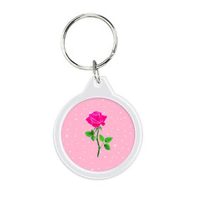 Брелок круглый с принтом Роза на розовом в Тюмени, пластик и полированная сталь | круглая форма, металлическое крепление в виде кольца | Тематика изображения на принте: женственно | красота | роза | розовый | снежинки | фуксия | цветок | шик