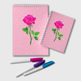 Блокнот с принтом Роза на розовом в Тюмени, 100% бумага | 48 листов, плотность листов — 60 г/м2, плотность картонной обложки — 250 г/м2. Листы скреплены удобной пружинной спиралью. Цвет линий — светло-серый
 | Тематика изображения на принте: женственно | красота | роза | розовый | снежинки | фуксия | цветок | шик