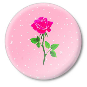 Значок с принтом Роза на розовом в Тюмени,  металл | круглая форма, металлическая застежка в виде булавки | женственно | красота | роза | розовый | снежинки | фуксия | цветок | шик