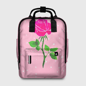 Женский рюкзак 3D с принтом Роза на розовом в Тюмени, 100% полиэстер | лямки с регулируемой длиной, сверху ручки, чтобы рюкзак нести как сумку. Основное отделение закрывается на молнию, как и внешний карман. Внутри два дополнительных кармана, один из которых закрывается на молнию. По бокам два дополнительных кармашка, куда поместится маленькая бутылочка
 | Тематика изображения на принте: женственно | красота | роза | розовый | снежинки | фуксия | цветок | шик