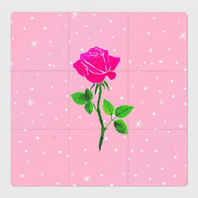 Магнитный плакат 3Х3 с принтом Роза на розовом в Тюмени, Полимерный материал с магнитным слоем | 9 деталей размером 9*9 см | Тематика изображения на принте: женственно | красота | роза | розовый | снежинки | фуксия | цветок | шик