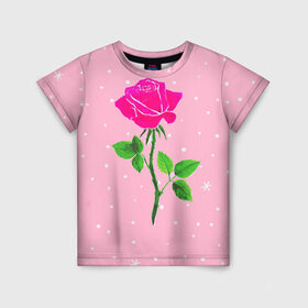 Детская футболка 3D с принтом Роза на розовом в Тюмени, 100% гипоаллергенный полиэфир | прямой крой, круглый вырез горловины, длина до линии бедер, чуть спущенное плечо, ткань немного тянется | Тематика изображения на принте: женственно | красота | роза | розовый | снежинки | фуксия | цветок | шик