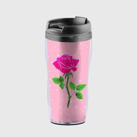 Термокружка-непроливайка с принтом Роза на розовом в Тюмени, внутренняя часть — пищевой пластик, наружная часть — прозрачный пластик, между ними — полиграфическая вставка с рисунком | объем — 350 мл, герметичная крышка | Тематика изображения на принте: женственно | красота | роза | розовый | снежинки | фуксия | цветок | шик