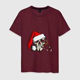 Мужская футболка хлопок с принтом Рождественский череп в Тюмени, 100% хлопок | прямой крой, круглый вырез горловины, длина до линии бедер, слегка спущенное плечо. | 