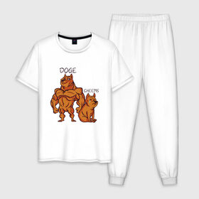 Мужская пижама хлопок с принтом Качок Доге и маленький Чимс в Тюмени, 100% хлопок | брюки и футболка прямого кроя, без карманов, на брюках мягкая резинка на поясе и по низу штанин
 | Тематика изображения на принте: bodybuilder | cheems | chims | cool | cry | crying | doge | japan | japanese | little | meme | memes | power | powerful | shiba inu | small | крутой | мемас | мемчик | накаченный | песель | песик | плакса | плачет | порода | сиба ину | собак