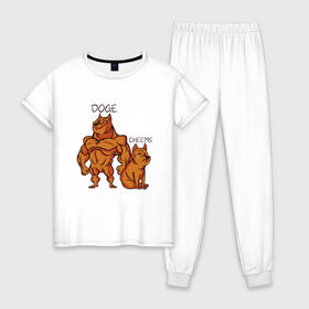 Женская пижама хлопок с принтом Качок Доге и маленький Чимс в Тюмени, 100% хлопок | брюки и футболка прямого кроя, без карманов, на брюках мягкая резинка на поясе и по низу штанин | Тематика изображения на принте: bodybuilder | cheems | chims | cool | cry | crying | doge | japan | japanese | little | meme | memes | power | powerful | shiba inu | small | крутой | мемас | мемчик | накаченный | песель | песик | плакса | плачет | порода | сиба ину | собак