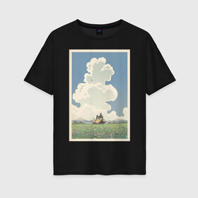 Женская футболка хлопок Oversize с принтом blue sky в Тюмени, 100% хлопок | свободный крой, круглый ворот, спущенный рукав, длина до линии бедер
 | весна | картинка | корея | лес | лето | машина | на каждый день | небо | облака | парень | поле | птицы | рисунок | токио | тоторо | фон | хаяо миядзаки | цветок | цветы | япония