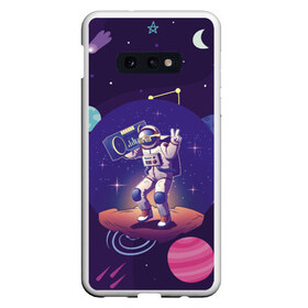 Чехол для Samsung S10E с принтом Space disco в Тюмени, Силикон | Область печати: задняя сторона чехла, без боковых панелей | Тематика изображения на принте: astronaut | gesture | planet | recorder | space | spacesuit | star | жест | звезда | космонавт | космос | магнитофон | очки | планета