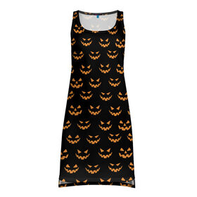 Платье-майка 3D с принтом Смайлик тыквы в Тюмени, 100% полиэстер | полуприлегающий силуэт, широкие бретели, круглый вырез горловины, удлиненный подол сзади. | летучая мышь | праздник | смайлик | тыква | хэллоуин