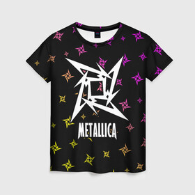 Женская футболка 3D с принтом METALLICA / МЕТАЛЛИКА в Тюмени, 100% полиэфир ( синтетическое хлопкоподобное полотно) | прямой крой, круглый вырез горловины, длина до линии бедер | hetfield | james | logo | metal | metalica | metallica | music | rock | star | джеймс | звезда | знак | ларс | лого | логотип | логотипы | метал | металика | металлика | музыка | рок | символ | символы | ульрих | хэтфилд