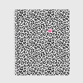 Тетрадь с принтом Kiss в Тюмени, 100% бумага | 48 листов, плотность листов — 60 г/м2, плотность картонной обложки — 250 г/м2. Листы скреплены сбоку удобной пружинной спиралью. Уголки страниц и обложки скругленные. Цвет линий — светло-серый
 | Тематика изображения на принте: art | background | kiss | leopard | lips | spots | texture | арт | губы | леопард | поцелуй | пятна | текстура | фон