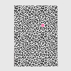 Постер с принтом Kiss в Тюмени, 100% бумага
 | бумага, плотность 150 мг. Матовая, но за счет высокого коэффициента гладкости имеет небольшой блеск и дает на свету блики, но в отличии от глянцевой бумаги не покрыта лаком | art | background | kiss | leopard | lips | spots | texture | арт | губы | леопард | поцелуй | пятна | текстура | фон