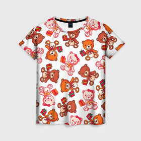 Женская футболка 3D с принтом Медвежата и подарки в Тюмени, 100% полиэфир ( синтетическое хлопкоподобное полотно) | прямой крой, круглый вырез горловины, длина до линии бедер | 
