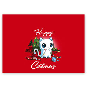 Поздравительная открытка с принтом Happy Catmas в Тюмени, 100% бумага | плотность бумаги 280 г/м2, матовая, на обратной стороне линовка и место для марки
 | 2021 | cat | catmas | christmas | happy new year | merry christmas | new year | герлянда | кот | котейка | котики | новый год | праздник | рождество