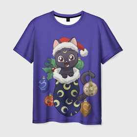Мужская футболка 3D с принтом Luna Happy New Year в Тюмени, 100% полиэфир | прямой крой, круглый вырез горловины, длина до линии бедер | Тематика изображения на принте: 2021 | cat | catmas | christmas | happy new year | merry christmas | new year | аниме | кот | котейка | котики | луна | манга | новый год | праздник | рождество | сейлормун