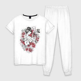 Женская пижама хлопок с принтом Гейша в Тюмени, 100% хлопок | брюки и футболка прямого кроя, без карманов, на брюках мягкая резинка на поясе и по низу штанин | geisha | japan | веер | девушка | женщина | иероглиф | иероглифы | кимоно | рисунок | сакура | цветочки | цветы | япония | японка