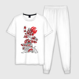 Мужская пижама хлопок с принтом Япония в Тюмени, 100% хлопок | брюки и футболка прямого кроя, без карманов, на брюках мягкая резинка на поясе и по низу штанин
 | japan | tiger | азия | буддизм | дерево | иероглиф | иероглифы | император | кимоно | краска | рисунок | сакура | самурай | солнце | терракота | тигр | хищник | япония | японский воин