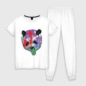 Женская пижама хлопок с принтом Панда в Тюмени, 100% хлопок | брюки и футболка прямого кроя, без карманов, на брюках мягкая резинка на поясе и по низу штанин | animal | animals | australia | bear | paint | panda | panda bear | австралия | голова | голова панды | животное | зубы | клыки | краска | краски | медведь | медведь панда | панда | пандочка | природа | рисунок