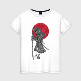 Женская футболка хлопок с принтом Самурай в Тюмени, 100% хлопок | прямой крой, круглый вырез горловины, длина до линии бедер, слегка спущенное плечо | Тематика изображения на принте: japan | katana | moon | samurai | воин | воин самурай | доспехи | доспехи самурая | иероглиф | иероглифы | ироглиф | катана | луна | меч | нагабакама | рисунок | самурай | самурайское кимоно | солнце | хакама