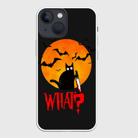 Чехол для iPhone 13 mini с принтом What Cat (Halloween) в Тюмени,  |  | cat | cats | halloween | moon | what | кот | котенок | коты | котяра | кошак | кошка | летучая | луна | мышь | нож | пушистый | хэллоуин | что