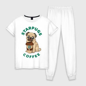 Женская пижама хлопок с принтом Starpugs в Тюмени, 100% хлопок | брюки и футболка прямого кроя, без карманов, на брюках мягкая резинка на поясе и по низу штанин | animal | art | coffee | dog | pug | puppy | арт | животное | кофе | мопс | собака | щенок