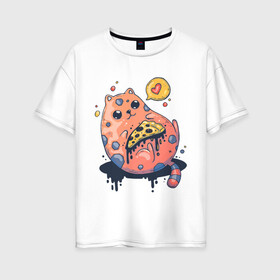 Женская футболка хлопок Oversize с принтом Cat Loves Pizza в Тюмени, 100% хлопок | свободный крой, круглый ворот, спущенный рукав, длина до линии бедер
 | art | cat | food | heart | pizza | арт | еда | кот | котик | кошка | пицца | сердечко