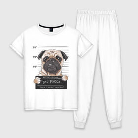 Женская пижама хлопок с принтом Bad Puggy в Тюмени, 100% хлопок | брюки и футболка прямого кроя, без карманов, на брюках мягкая резинка на поясе и по низу штанин | animal | art | dog | nameplate | pug | арт | животное | мопс | собака | табличка