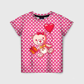 Детская футболка 3D с принтом Медвежонок сюрприз в Тюмени, 100% гипоаллергенный полиэфир | прямой крой, круглый вырез горловины, длина до линии бедер, чуть спущенное плечо, ткань немного тянется | Тематика изображения на принте: baby | bear | love is | teddy | valentines | бабочка | бантик | валентина | влюбленный | воздушный шарик | девочка | игрушка | лучшая мама | любимая жена | люблю | любовь | малыш | марта | медведь | медвежата | милый