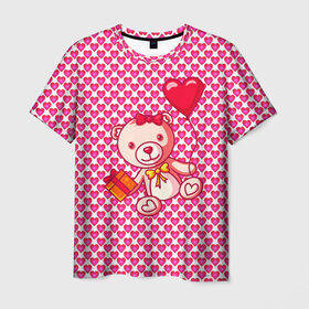 Мужская футболка 3D с принтом Медвежонок сюрприз в Тюмени, 100% полиэфир | прямой крой, круглый вырез горловины, длина до линии бедер | baby | bear | love is | teddy | valentines | бабочка | бантик | валентина | влюбленный | воздушный шарик | девочка | игрушка | лучшая мама | любимая жена | люблю | любовь | малыш | марта | медведь | медвежата | милый