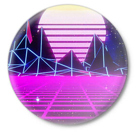 Значок с принтом Synthwave в Тюмени,  металл | круглая форма, металлическая застежка в виде булавки | Тематика изображения на принте: synthwave | горы | горы синтвэйва | неоновые горы | синтвэйв