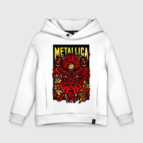 Детское худи Oversize хлопок с принтом Metallica в Тюмени, френч-терри — 70% хлопок, 30% полиэстер. Мягкий теплый начес внутри —100% хлопок | боковые карманы, эластичные манжеты и нижняя кромка, капюшон на магнитной кнопке | fangs | group | horns | metallica | neon | octopus | thrash metal | группа | клыки | неон | рога | спрут | трэш металл