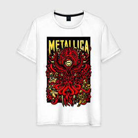 Мужская футболка хлопок с принтом Metallica в Тюмени, 100% хлопок | прямой крой, круглый вырез горловины, длина до линии бедер, слегка спущенное плечо. | fangs | group | horns | metallica | neon | octopus | thrash metal | группа | клыки | неон | рога | спрут | трэш металл