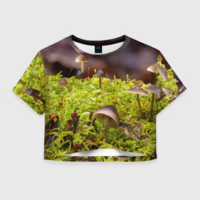 Женская футболка Crop-top 3D с принтом Мох в Тюмени, 100% полиэстер | круглая горловина, длина футболки до линии талии, рукава с отворотами | гриб | грибы | дерево | деревья | зелёные | зелёный | зелень | лес | леса | лесной | мох | мхи | пенёк | пеньки | пни | поганка | поганки | природа | природный | флора