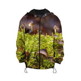 Детская куртка 3D с принтом Мох в Тюмени, 100% полиэстер | застежка — молния, подол и капюшон оформлены резинкой с фиксаторами, по бокам — два кармана без застежек, один потайной карман на груди, плотность верхнего слоя — 90 г/м2; плотность флисового подклада — 260 г/м2 | гриб | грибы | дерево | деревья | зелёные | зелёный | зелень | лес | леса | лесной | мох | мхи | пенёк | пеньки | пни | поганка | поганки | природа | природный | флора