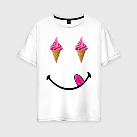 Женская футболка хлопок Oversize с принтом Мороженое в Тюмени, 100% хлопок | свободный крой, круглый ворот, спущенный рукав, длина до линии бедер
 | brand | бренд | классика | летние | минимализм | модные | мордочка | мороженое | популярные иллюстрации | прикольные картинки | стиль | стильные | улыбка