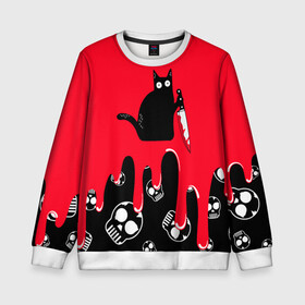 Детский свитшот 3D с принтом WHAT CAT в Тюмени, 100% полиэстер | свободная посадка, прямой крой, мягкая тканевая резинка на рукавах и понизу свитшота | art | black | black cat | cat | dark | dark cat | halloween | what | what cat | what mem | арт | кот | кот арт | кот мем | мем | нож | праздник | прикол | прикольный кот | убица | хэллоуин | чёрный | чёрный кот | что | что мем