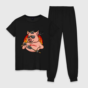 Женская пижама хлопок с принтом Я люблю гриль в Тюмени, 100% хлопок | брюки и футболка прямого кроя, без карманов, на брюках мягкая резинка на поясе и по низу штанин | art | drawing | fire | grill | pig | арт | гриль | огонь | рисунок | свин | свинка | свинья | хрюшка