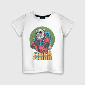 Детская футболка хлопок с принтом Кибер Панда в Тюмени, 100% хлопок | круглый вырез горловины, полуприлегающий силуэт, длина до линии бедер | art | bear | costume | cyber | drawing | jetpack | panda | planet | арт | кибер | костюм | медведь | панда | планета | реактивный ранец | рисунок