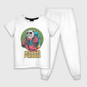 Детская пижама хлопок с принтом Кибер Панда в Тюмени, 100% хлопок |  брюки и футболка прямого кроя, без карманов, на брюках мягкая резинка на поясе и по низу штанин
 | Тематика изображения на принте: art | bear | costume | cyber | drawing | jetpack | panda | planet | арт | кибер | костюм | медведь | панда | планета | реактивный ранец | рисунок