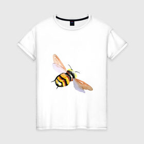 Женская футболка хлопок с принтом Шмель полосатый в Тюмени, 100% хлопок | прямой крой, круглый вырез горловины, длина до линии бедер, слегка спущенное плечо | акварель | желтый | крылья | летать | насекомое | полоски | природа | черный | шмель