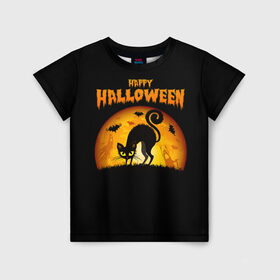 Детская футболка 3D с принтом Helloween в Тюмени, 100% гипоаллергенный полиэфир | прямой крой, круглый вырез горловины, длина до линии бедер, чуть спущенное плечо, ткань немного тянется | halloween | ведьма | летучая мышь | полнолуние | привидение | призрак | тыква | хеллоуин | хелуин | хэллоин | хэллоуин | хэлоуин | хэлуин | черный кот