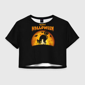 Женская футболка Crop-top 3D с принтом Helloween в Тюмени, 100% полиэстер | круглая горловина, длина футболки до линии талии, рукава с отворотами | Тематика изображения на принте: halloween | ведьма | летучая мышь | полнолуние | привидение | призрак | тыква | хеллоуин | хелуин | хэллоин | хэллоуин | хэлоуин | хэлуин | черный кот