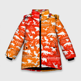 Зимняя куртка для девочек 3D с принтом HORIZON ZERO DAWN в Тюмени, ткань верха — 100% полиэстер; подклад — 100% полиэстер, утеплитель — 100% полиэстер. | длина ниже бедра, удлиненная спинка, воротник стойка и отстегивающийся капюшон. Есть боковые карманы с листочкой на кнопках, утяжки по низу изделия и внутренний карман на молнии. 

Предусмотрены светоотражающий принт на спинке, радужный светоотражающий элемент на пуллере молнии и на резинке для утяжки. | game | horizon zero 2 | horizon zero dawn | древний арсенал | игра. | хоризон | хоризон 2 | хоризон зеро давн