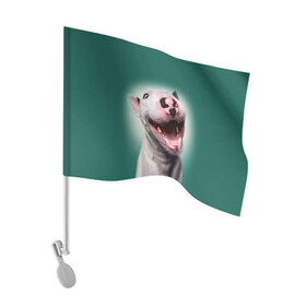 Флаг для автомобиля с принтом Bully в Тюмени, 100% полиэстер | Размер: 30*21 см | Тематика изображения на принте: bull terrier | ears | eyes | fangs | jaw | muzzle | nose | smile | бультерьер | глаза | клыки | нос | пасть | улыбка | уши