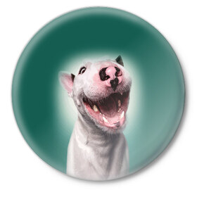 Значок с принтом Bully в Тюмени,  металл | круглая форма, металлическая застежка в виде булавки | Тематика изображения на принте: bull terrier | ears | eyes | fangs | jaw | muzzle | nose | smile | бультерьер | глаза | клыки | нос | пасть | улыбка | уши