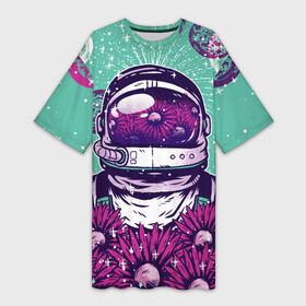 Платье-футболка 3D с принтом Цветочный Астронавт в Тюмени,  |  | astronaut | cosmonaut | daisy | floral | flowers | galaxy | helmet | peace | planet | planets | retro | space | spacesuit | suit | винтаж | галактика | космонавт | космос | мир | планета | планеты | ретро | ромашки | скафандр | цветок | цвет