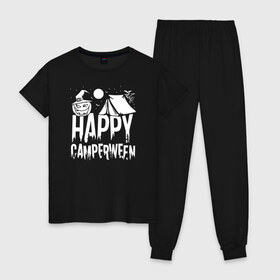 Женская пижама хлопок с принтом Happy camperween в Тюмени, 100% хлопок | брюки и футболка прямого кроя, без карманов, на брюках мягкая резинка на поясе и по низу штанин | 31 октября | halloween | halowen | ведьма | день всех святых | джек | костюм | кровь | лого | монстр | надпись | праздник | приведение | призрак | светильник | символ | страшная | тыква | ужасы | хеллоуин | хеллуин